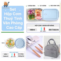 Set Tiết Kiệm - Set Hộp Cơm Thuỷ Tinh Văn Phòng 3 Ngăn 1L + Hộp Canh + Túi Giữ Nhiệt + Bộ Muỗng Đũa Nĩa Cán Gỗ