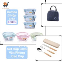 Set Tiết Kiệm - Set Hộp Thuỷ Tinh Đựng Cơm 3 Hộp Tròn 400ml + Túi Giữ Nhiệt + Bộ Muỗng Đũa Nĩa Cán Gỗ Có Hộp Đựng