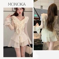 Set tiểu thư áo sơ mi bèo trước và sau tay dài xòe cúc ngọc chân váy có quần bảo hộ Đầm bánh bèo trắng kem T113G MONOKA