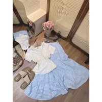 Set tiểu thư áo tăm lạnh phối ren tay ngắn kèm chân váy caro siêu xinh
