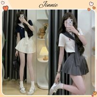 Set tiểu thư hàn quốc áo thun nữ form vừa kèm khăn mix chân váy xếp ly áo girl phố đi làm đi chơi