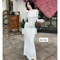 set tiểu thư hàn quốc,áo ren tay dài thêu hoạ tiết hoa hồng đính cúc mix chân váy đuôi cá dài C503