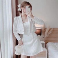 Set tiểu thư linen, đầm ngắn 2 dây đính cúc ôm eo + áo khoác ngoài tay dài crop top phối cúc đi dự tiệc sang trọng