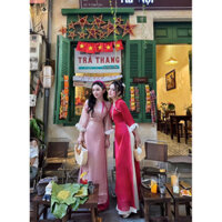 👗👗set tk áo dài tơ ánh kim 2 lớp đính nơ nút bọc quần tuyết nhung cao cấp