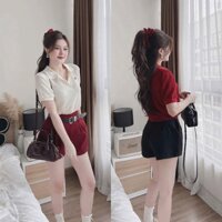 Set TK Nữ Áo Xốp Ren Lỗ Đính Tim Quần Kaki Có Túi Lưng Thun Tặng Kèm Dây Nịt Siêu Xinh