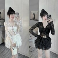 Set TK váy ren tần dáng xòe phối áo kiểu tay dài mút ngực , Set thời trang nữ tôn dáng quyến rủ cho nàng đi chơi