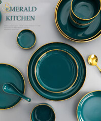 Set Tô Chén, Bát Đĩa Emerald  Viền Vàng Màu Xanh Cổ Vịt, Ngọc Lục Bảo Châu Âu