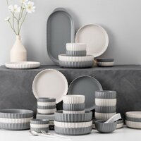 Set Tô Chén Dĩa, Bộ Bát Dĩa Gốm Sứ Vân Sọc Phối Màu Đơn Giản - Phong Cách Bắc Âu Sang Trọng - BanyDecor