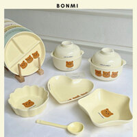 Set tô dĩa sứ gấu Bear "Life is lovely" nhiều hình dáng dễ thương phong cách Hàn Quốc Bonmi Decor