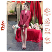Set tơ hot girl dạo phố sang chảnh 𝑺'𝒔𝒖𝒃𝒂 𝑪𝒍𝒐𝒕𝒉𝒊𝒏𝒈 áo dài tay cổ vạt đính hoa kèm chân váy xếp tầng chéo đi tiệc hẹn hò