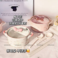 Set tô thìa đũa sứ ăn mì hoạ tiết nơ