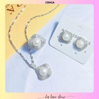 Set trang sức bạc La Luce - Dây chuyền, bông tai, nhẫn hình vuông mix trai nuôi dành cho nữ C0041A