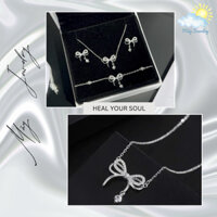 Set trang sức bạc nơ xinh đính đá rơi_ Tặng kèm nước rửa bạc.