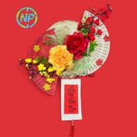 sét trang trí quạt gỗ hoa lá giả tự gắn, phụ kiện phên mành mẹt...trang trí không gian nhà cửa đón tết đến xuân sang