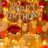 Set Trang Trí Sinh Nhật Hình Đôi Môi Và Bong Bóng Happy Birthday Màu Trắng Có Đèn Led Kèm Ống Bơm Tay