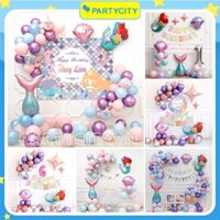 Set trang trí sinh nhật nàng tiên cá, full bộ bóng trang trí sinh nhật kèm Background in tên cho bé gái