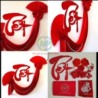 Set trang trí Tết 2025, Set quạt giấy trang trí Tết Chữ Tết thư pháp đỏ To dải nhung đỏ chuỗi dây ngọc trắng hoa lụa đẹp