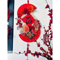 Set trang trí tết quạt, mành vuông, bánh chưng, dưa hấu đỏ