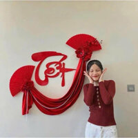 Set trang trí tết vải nhung đỏ, phụ kiện decor hình quạt chữ tết treo tường trang trí may mắn kích thước 40cm HCOM3462