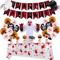 Set trang trí tường và bàn tiệc Halloween nhiều phụ kiện kèm khăn trải bàn, bóng bay, dây cờ, băng dính, tag cắm bánh