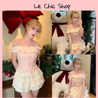 Set Trễ Vai Dập Li Bèo Đính Nơ + Chân Váy 4 Tầng Dáng Xoè Có Quần Trong - LECHIC SHOP