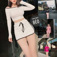 Set Trễ Vai Viền Áo Tay Dài Quần Có Lót Chất Thun Gân Dày Co Giãn