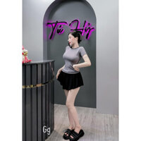 Set trơn basic gồm áo thun gân tay ngắn hở lung mix chân váy ngắn lưng chun