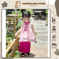 Set Trung Thu Cho Bé Gái, Bộ Áo Yếm Cổ Sen Kèm Quần Lụa Hồng Chất Tơ Lụa Cao Cấp Cho Bé