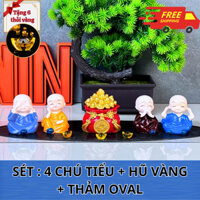 Set tượng 4 chú tiểu (mix) hũ vàng trang tri taplo xe hơi, bàn làm việc, bàn trà... (NHÀ&XE4.0)