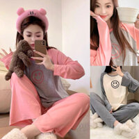 Set ủ kem, set đồ bộ thun lụa dẻo in hình mặt cười quần ống rộng đai cao có túi kèm áo form rộng tay dài, đồ bộ nữ
