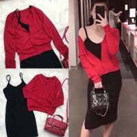 Set váy 2 dây áo đỏ