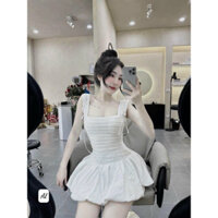 Set váy 2 dây chân váy dáng bí xòe phồng chất manggo phối ren