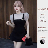 Set Váy 2 Dây Dáng Mini Cổ Xoắn Tiểu Thư Mix Áo Tơ Phối Tay Bồng Kèm Nơ Cài BigSize, Bộ Váy Rời Áo Tơ MiSoul 415