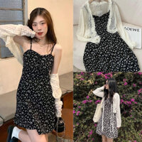 Set váy 2 dây hoa nhí đen kèm áo khoác cadigan ren viền bèo tiểu thư cho nữ