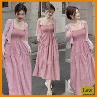 Set váy 2 dây hồng và áo khoác ngoài dành cho nàng bánh bèo, tiểu thư, set đầm váy maxi 2 dây đi biển có kèm áo khoác