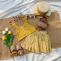 Set váy 2 dây kèm chân váy kẻ caro, chất liệu đũi mềm mát, thời trang mùa hè cho bé gái từ 1-7 tuổi