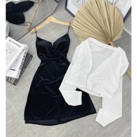 set váy 2 dây nhung kèm áo len croptop