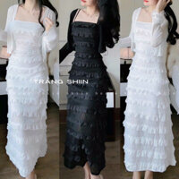 Set váy 2 dây nữ thời trang mặc đi chơi váy suông có mút bèo tầng chất vải xốp kèm áo khoác lửng tay dài chất gân dẻo