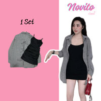 Set Váy 2 Dây Thun Cotton Kèm Áo Sơ Mi Khoác Ngoài Kẻ Caro Có Dây Đan Lưng Phong Cách Trẻ Trung Hàn Quốc T021