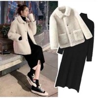 Set váy 2 món gồm áo khoác cadigan lông mix váy body sexy chất bo tăm, mặc siêu tôn dáng phong cách Hàn Quốc