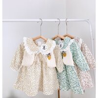 Set váy 2in1. Váy hoa nhí vintage kèm áo khoác gile phong cách Hàn Quốc cho bé gái