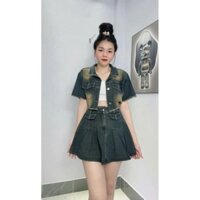 Sét váy 2M thiết kế nữ tiểu thư cá tính, sét jean áo croptop tay ngắn phối túi cổ sơ mi mix chân váy ngắn xếp ly có túi