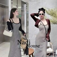 SET VÁY 2S KẺ NGANG DÁNG A, KÈM KHOÁC CUỐN BIÊN CHẤT GÂN TĂM ( 4 màu nude/ Nâu đậm/ Đỏ/ Đen, kèm ảnh thật)