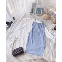 set váy 2s xanh kèm áo sơ mi đũi trắng