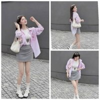 Sét váy 3 món cá tính áo khoác sơ mi lụa dài tay áo thun gân cổ tròn sát nách chân váy da cá chữ A