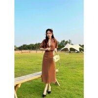 Set váy 3 món gồm áo ống ôm kèm áo khoác croptop ngoài mix chân váy dài qua gối xẻ tà xinh sắn
