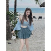 Set váy 3 món thời trang nữ mặc đi chơi chất lụa áo sơ mi đính nút giữa tay dài kèm bra chân váy jean chữ A có lót