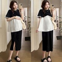 Sét váy áo bầu mùa hè gồm chân váy và áo dáng xèo form rộng thiết kế 2 màu thanh lịch trẻ trung