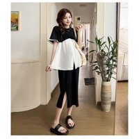 Sét váy áo bầu mùa hè gồm chân váy và áo dáng xèo form rộng thiết kế 2 màu thanh lịch trẻ trung