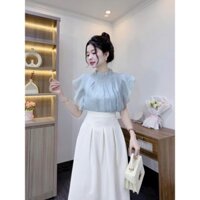 Set váy áo chất voan tơ lót xu cổ lọ tay cánh dơi mix chân váy dáng xoè chất cotton lạnh dịu dàng nữ tính
